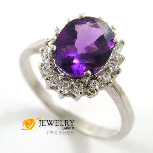 STERLING SILVER WITH LAB CREATED AMETHYST & CZ ENGAGEMENT RING - NEW SIZE N