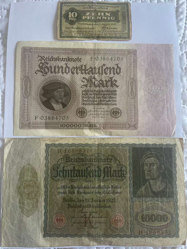 GERMANY SET - 10 PFENNIG GARDELEGEN 1916 SMALL NOTE, 100000 MARK 1923 & 10000 MARK 1922 BIG NOTES
