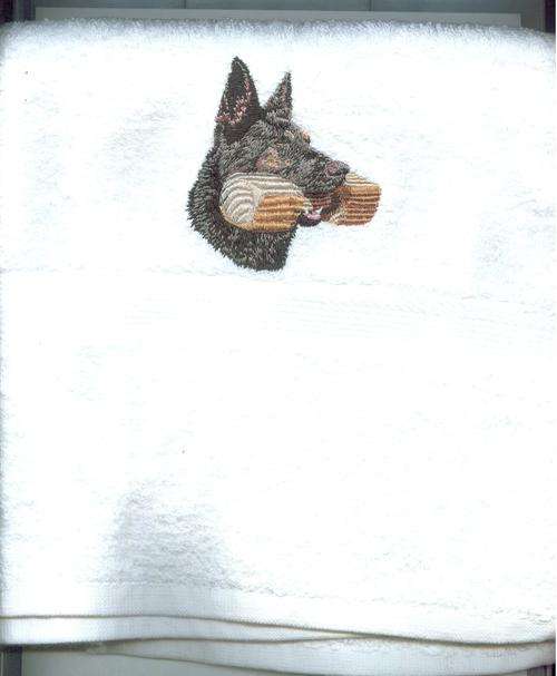White hand towel  GSD with dumbell