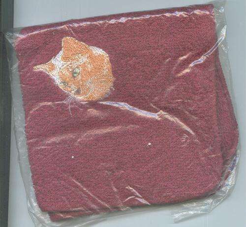 Maroon face cloth. Cat