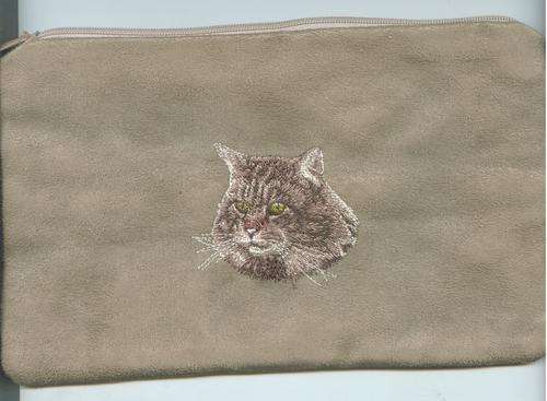 Embroidered Cat on Make up bag  - maine coon  on tan