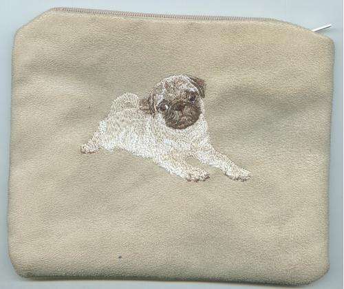 Embroidered make up bag.  pug. Stone