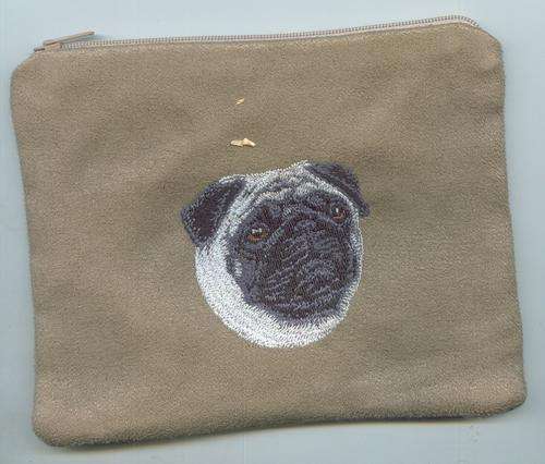 Embroidered make up bag.  pug. Brown