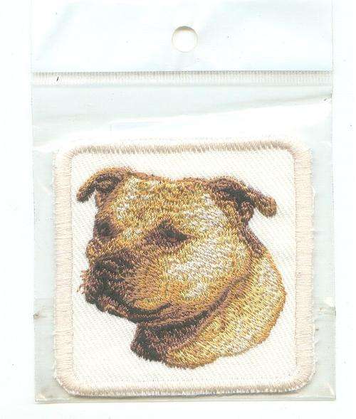 Embroidered SEW on cream badge staffie