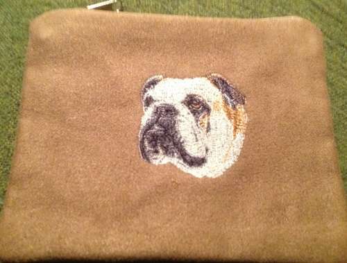 Embroidered makeup /treat bag English Bulldog on brown