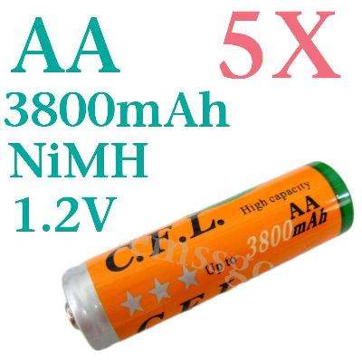 5 x AA 3800mAh Ni-MH Rechargeable Batteries