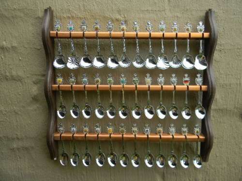 36 Souvenir  spoons as per pictures 12 sugar +12 with inlays spoons in good condition with free rack