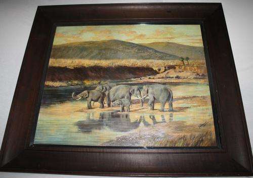 Hamm,Fred,20thC,Oil On CanvasBoard under glass,"Elephants by a River"