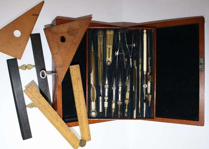 Antique Wooden Cased Scientific Drawing Instrument Set-Double layer Box