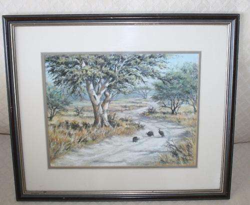 Original David Johnson-Pastel Guinie Fowls in River Bed