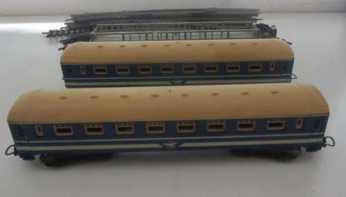 **Lima** Loco Plus Two Junior Blue Passenger Coaches and Car Carrier Plus Tracks.
