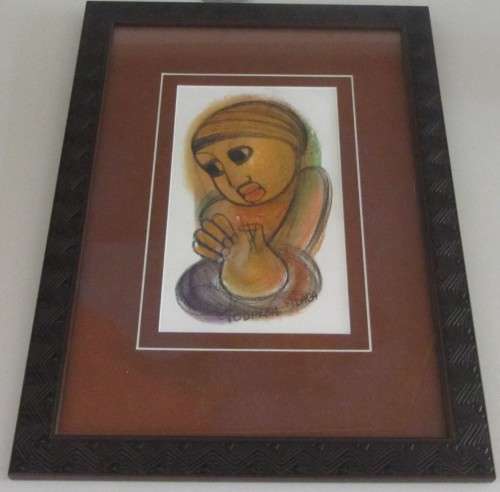 Ndaba, Godfrey(S.A.1947) Pastel,25x14cm-Signed-Framed behind glass(47x33cm)