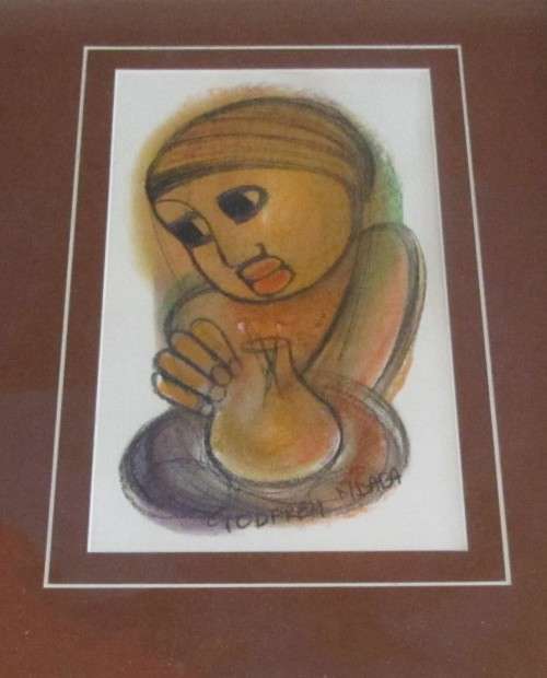 Ndaba, Godfrey(S.A.1947) Pastel,25x14cm-Signed-Framed behind glass(47x33cm)