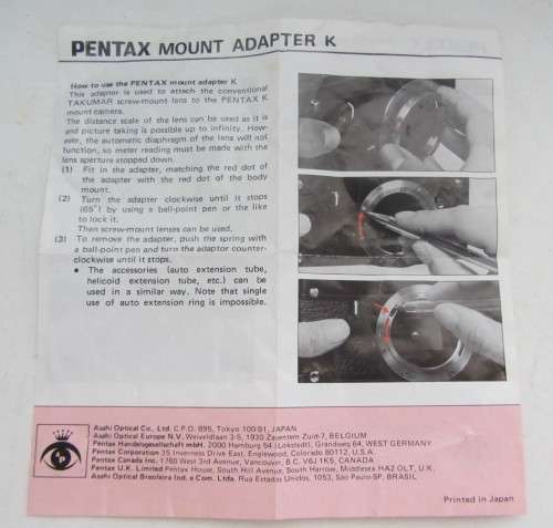 Pentax Combo-Mount Adapter K/Tokina 52mm Pol-linear/Auto Ext/Bracket for Tripod....As per Photos