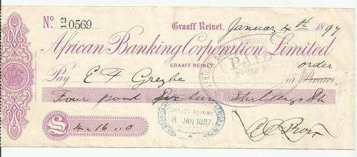 Cape of Good Hope cheque with embossed revenue stamp 1897.