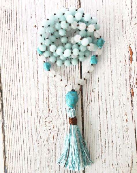 8mm 108 Knotted Aquamarine, White Jade & Turquoise Mala