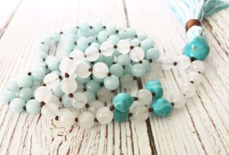 8mm 108 Knotted Aquamarine, White Jade & Turquoise Mala