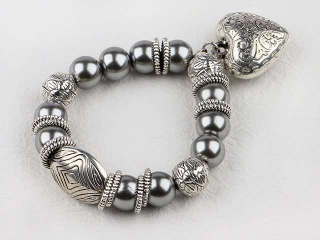 Gunmetal grey pearl and burnished silver bracelet