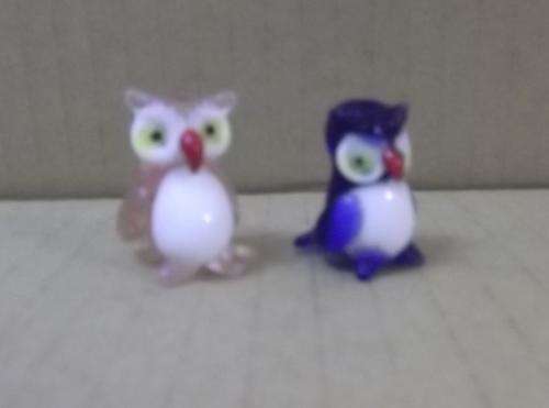 Pair of Small Glass Owls - Pink and Blue