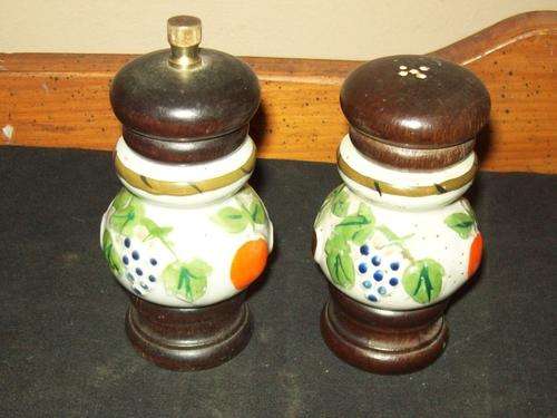 PORCELAIN & WOOD SALT SHAKER & PEPPER GRINDER