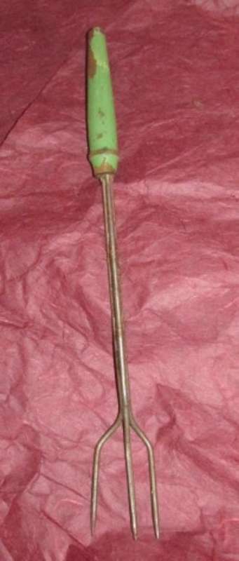 Vintage Wire 3 Tine Meat Fork with green wooden handle