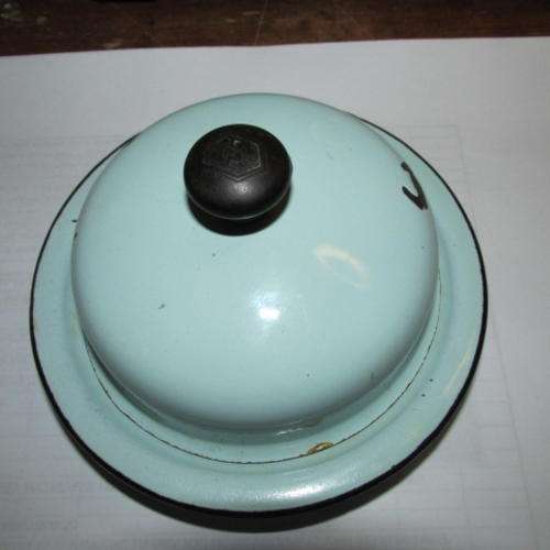 Small Round Pale Blue/Green Enamel Butter Dish & Lid