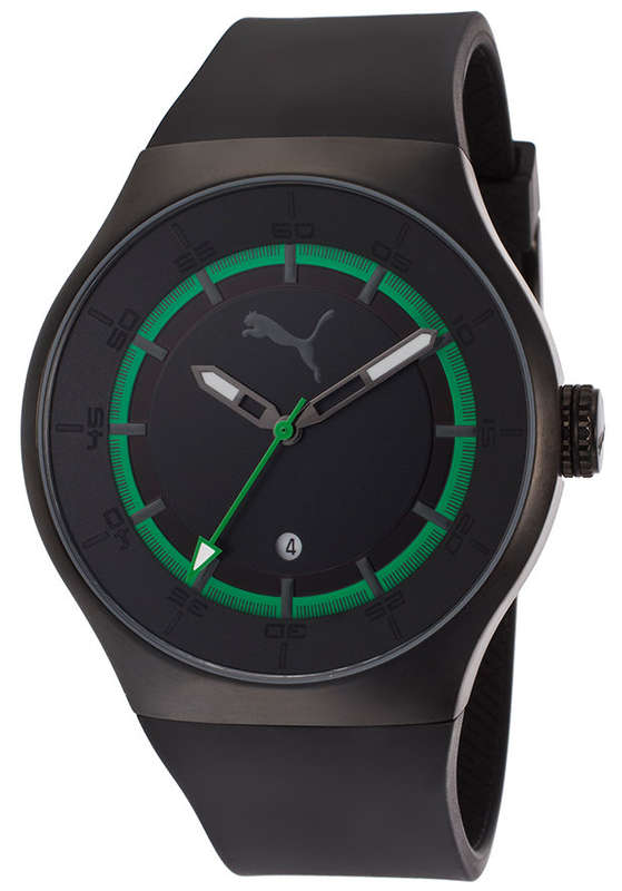 BRAND NEW PUMA Men's Sport Watch with Black Polyurethane Band and Black and Green Dial PU102551002