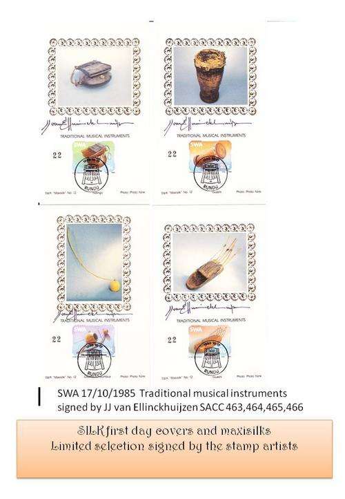 Maxisilk cards of 4 SWA Traditional music instruments signed by artist