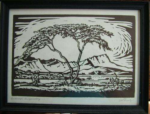J H PIERNEEF ,,LANDSCAPE SOUTPANSBERG  ,,,LINOCUT ....RARE ART