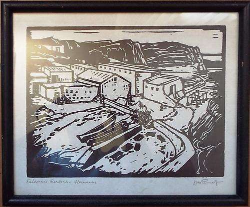 J H PIERNEEF ,,FISHERMANS HARBOUR ,HERMANUS  ,,,LINOCUT ....RARE ART