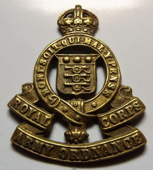 An awesome British WWII "Royal Army Ordnance Corps" brass cap badge with Kings Crown