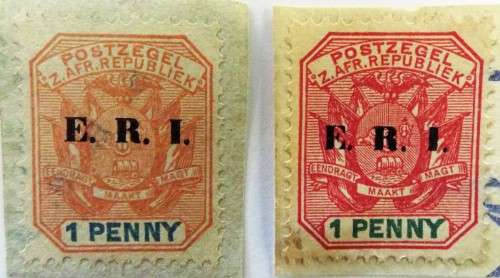 2 X ZAR 1 PENNY STAMPS (RED AND ORANGE )