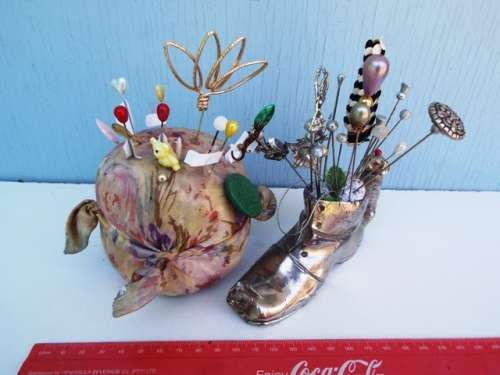 ANTIQUE collection of  hat pins AND 2 holders