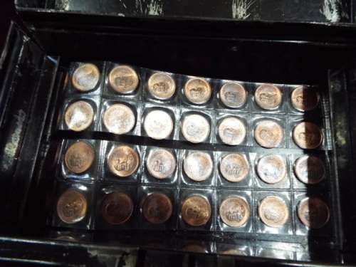 WOW huge hoard of COINS AND  NOTES some silver in vintage money box  at R1 start