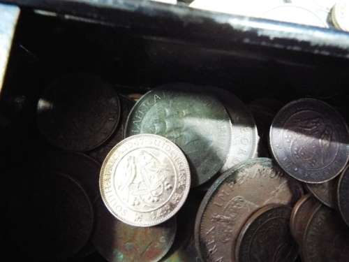 WOW huge hoard of COINS AND  NOTES some silver in vintage money box  at R1 start