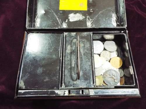 WOW huge hoard of COINS AND  NOTES some silver in vintage money box  at R1 start