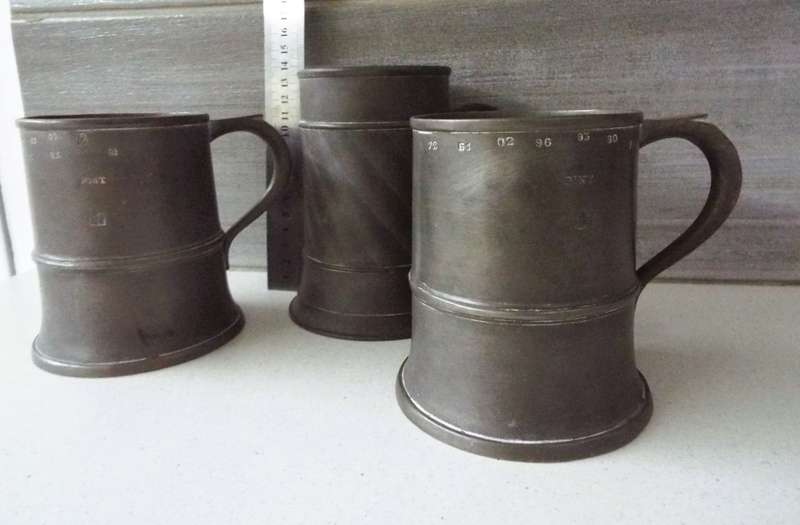 WOW,,,,,Antique  Old World Pewter Tankard x 3 all marked