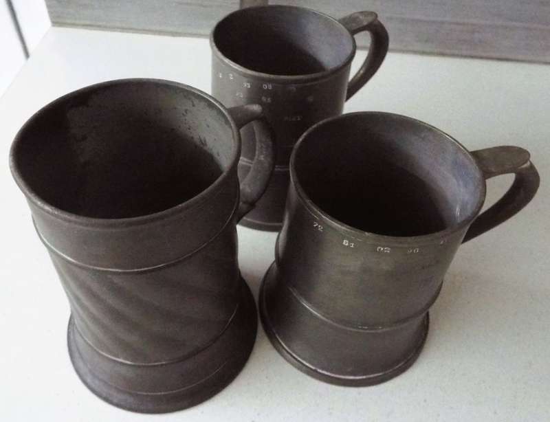 WOW,,,,,Antique  Old World Pewter Tankard x 3 all marked