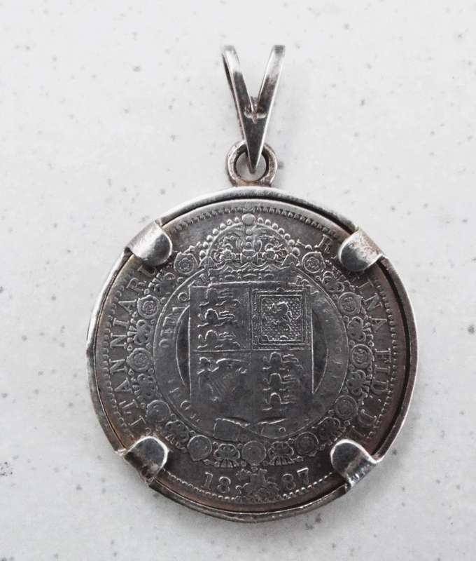 nice silver coin pendant  925 2 SHILLING 1887 Antique