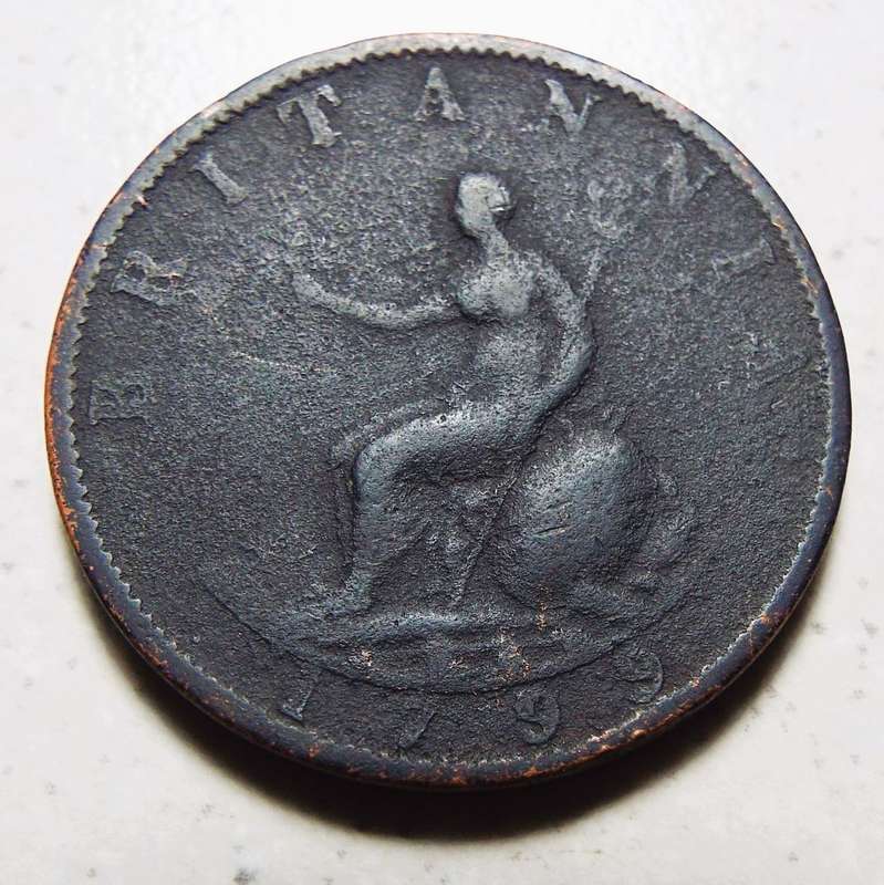 Rare Antique English King George lll OLD COLONIAL COINS Half penny 1799 Coin . Bust/ Britannia Royal