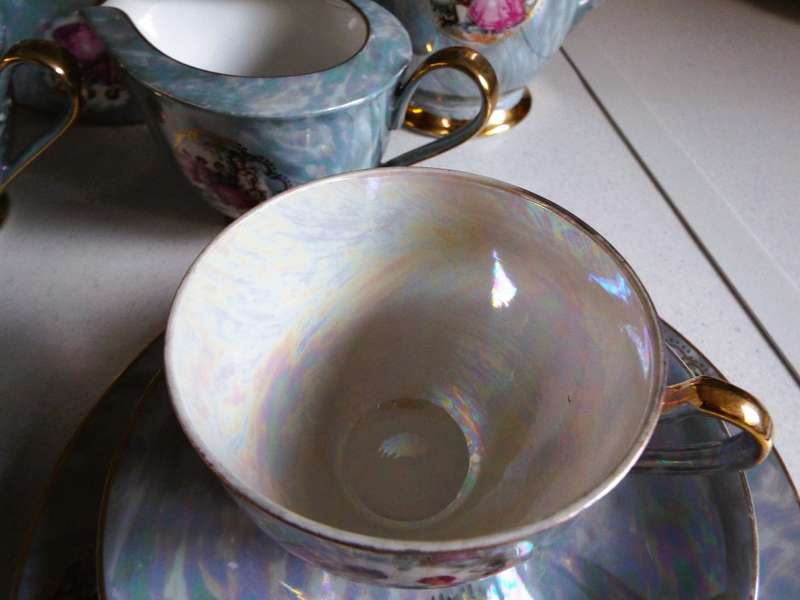 Vintage Tea Set  4  Trios, Milk Jar, Sugar Bowl, Tea Pot and Cake Plate (mother of pearl)