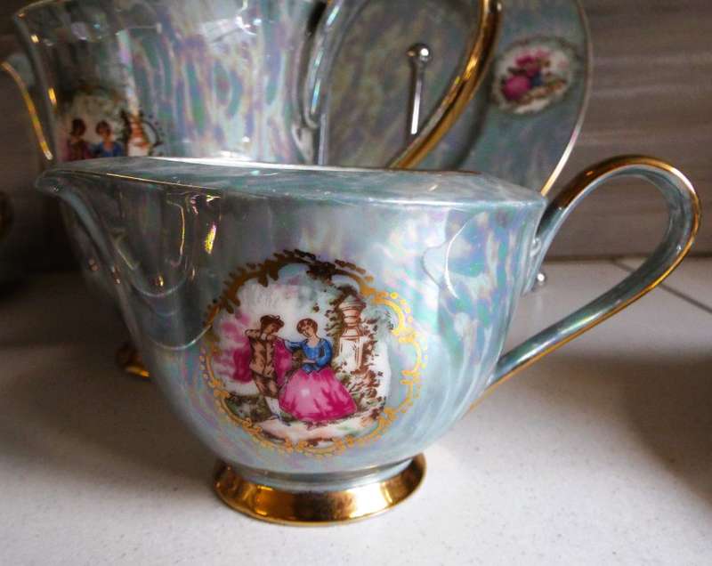 Vintage Tea Set  4  Trios, Milk Jar, Sugar Bowl, Tea Pot and Cake Plate (mother of pearl)