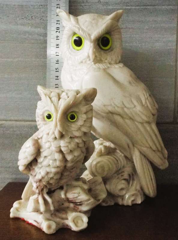 Vintage 2 Gemstone Owl Statue Display Home Decoration Collectible