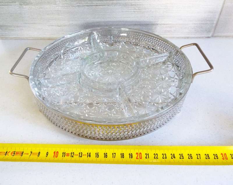 Vintage 1950 Kromex Chrome and Pressed Glass Relish Tray Serving Set