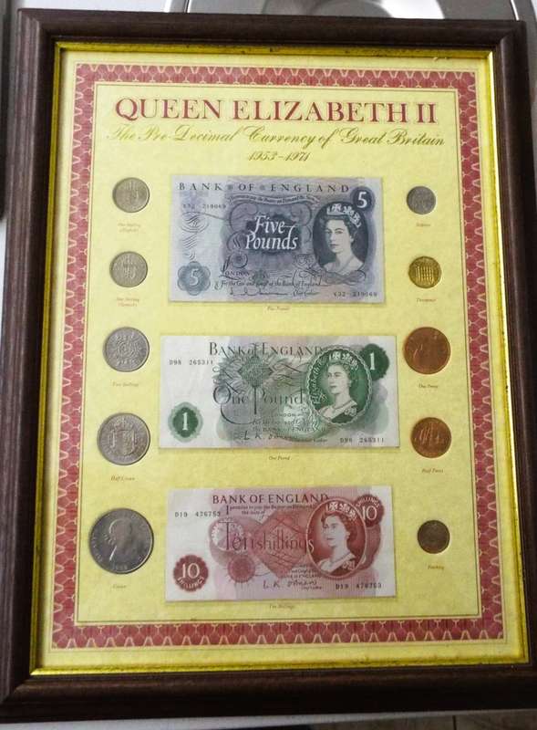 super RARE 1953 Queen Elizabeth II Royal Mint  Set 10 Coins and 3 notes  framed