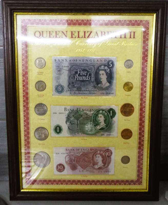 super RARE 1953 Queen Elizabeth II Royal Mint  Set 10 Coins and 3 notes  framed