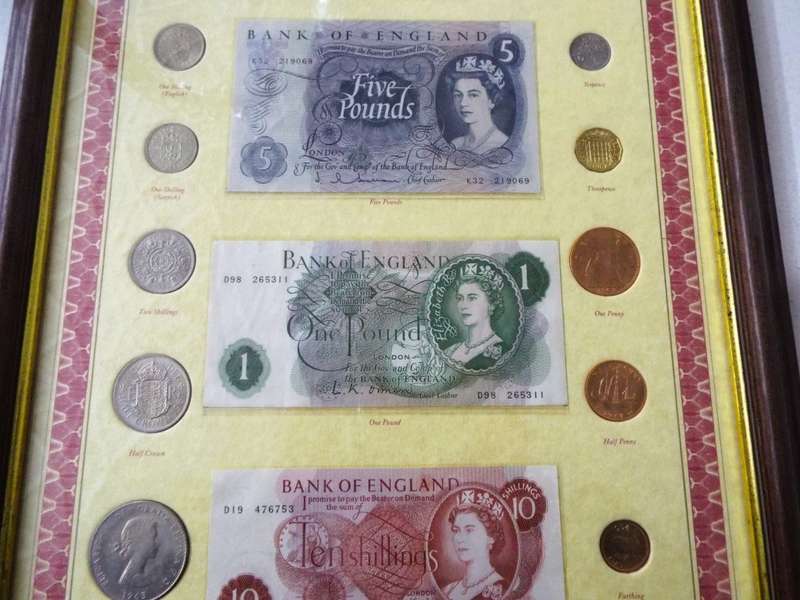 super RARE 1953 Queen Elizabeth II Royal Mint  Set 10 Coins and 3 notes  framed