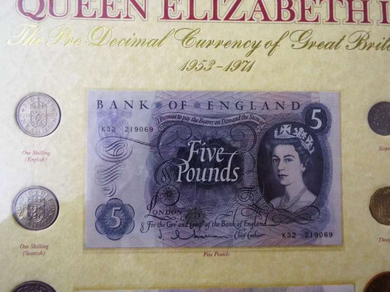super RARE 1953 Queen Elizabeth II Royal Mint  Set 10 Coins and 3 notes  framed
