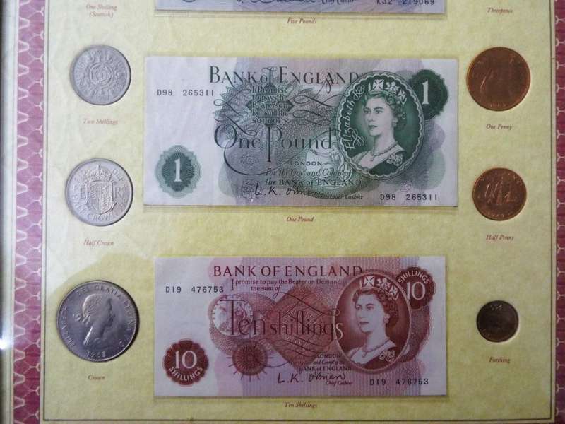 super RARE 1953 Queen Elizabeth II Royal Mint  Set 10 Coins and 3 notes  framed