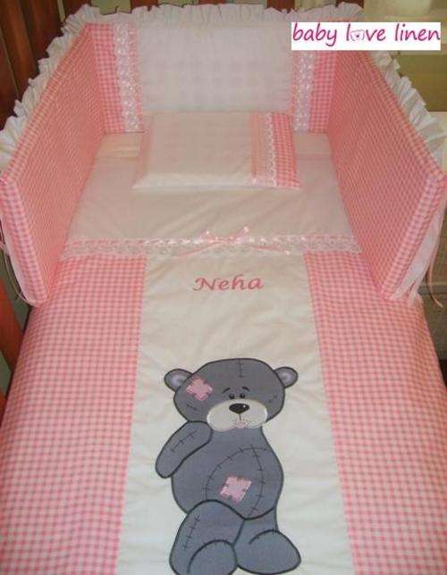7 Pc Appliqued Pink Personalised Scruffy Bear Baby Linen  ** BASIC STARTER SET **